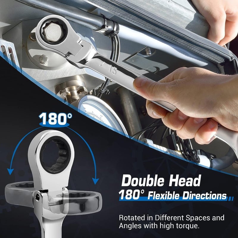 DISEN 17-19mm Extra Long Flex Head Ratcheting Wrench, Double Box End Long Reach Ratchet Wrench, CRV Steel, Metric - Image 2